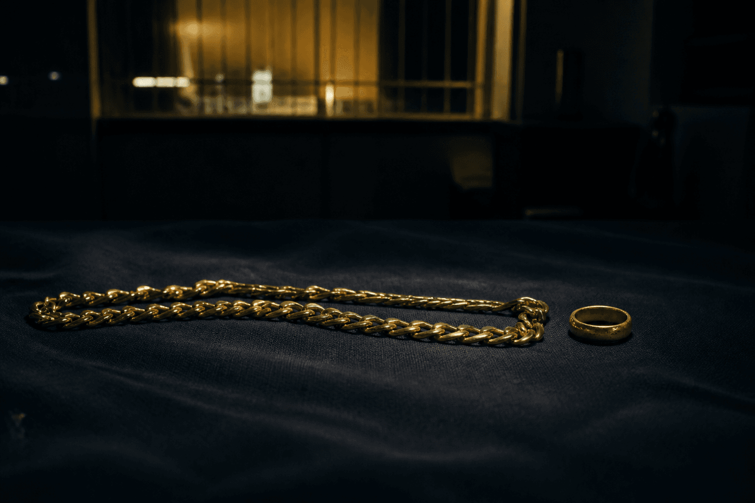 Cadena de oro sobre tela oscura, escritorio privado de noche